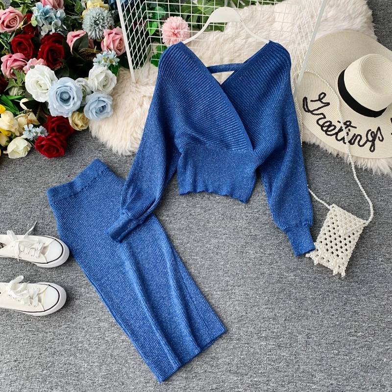 

Good Quality Two Piece Set Shining High Waist Dress Women 2019 V Neck Elegant Bodycon Dress Autumn Winter Knitted Dress