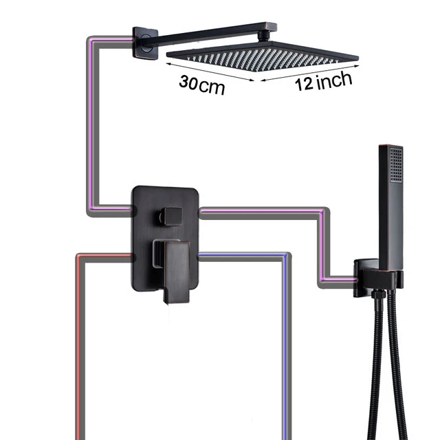 12 inch shower B Настенный 1" дождевой смеситель для душа с одной ручкой, скрытый смеситель для душа для ванны с ручным черным душевым краном, латунный носик - Цвет: 12 inch shower B