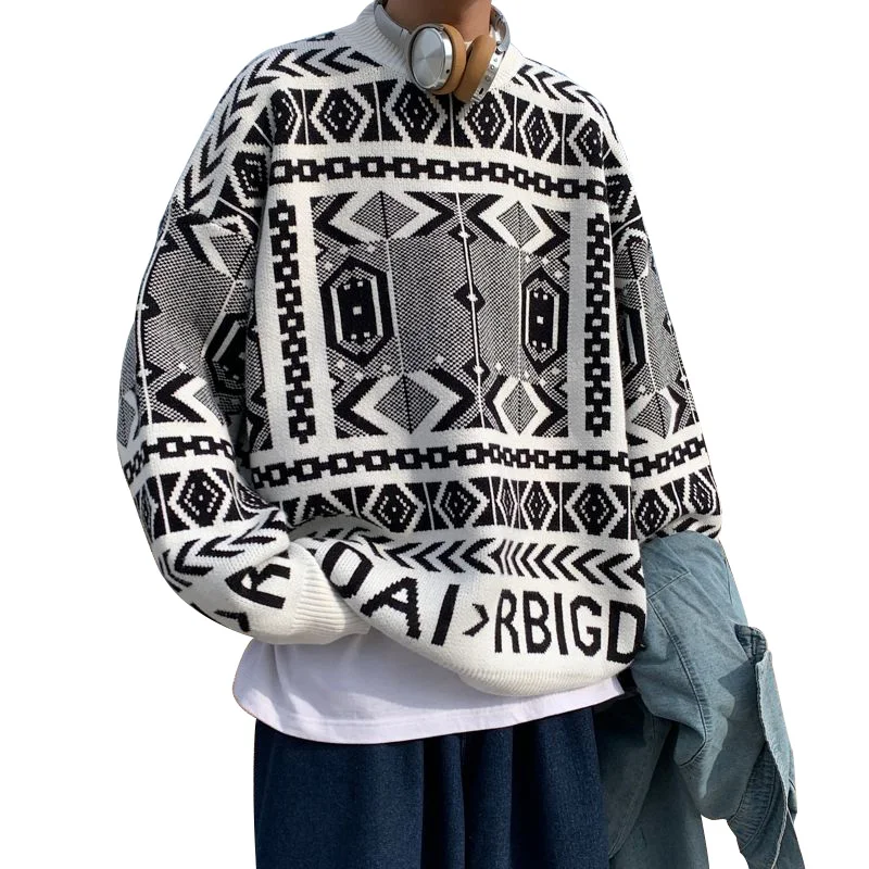 

Autumn Winter Sweater Men's Printed Geometric O-neck Ethnic Style Top Simple Loose Warm Long Sleeve Pullover Men