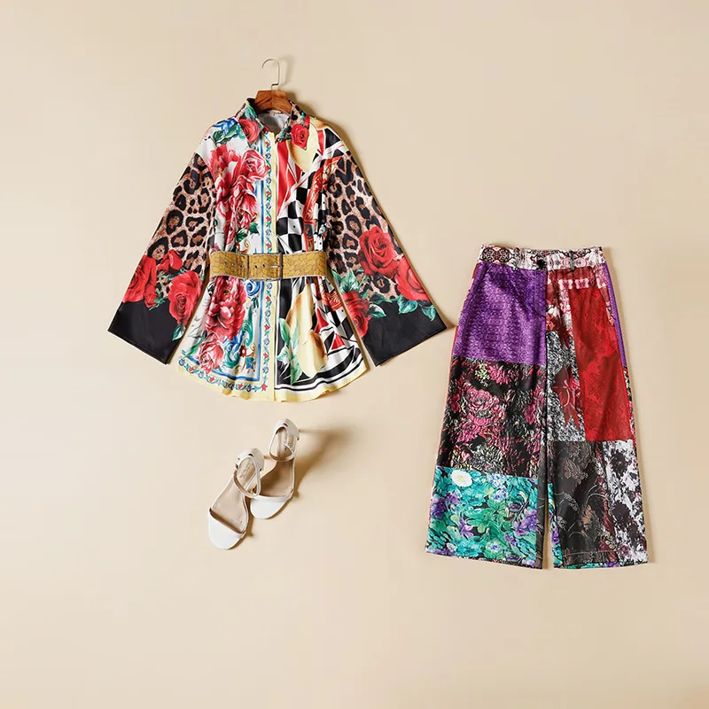 

Женская одежда в европейском и американском стиле, новинка 2021, Весенняя рубашка с длинными рукавами и винтажным принтом, модный костюм с брю...