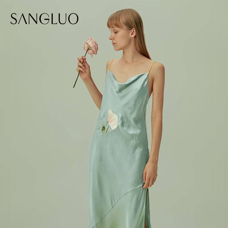 

★Mulberry silk nightdress real pearl embroidery dress Sangluo silk suspender Dress Pajamas housewear