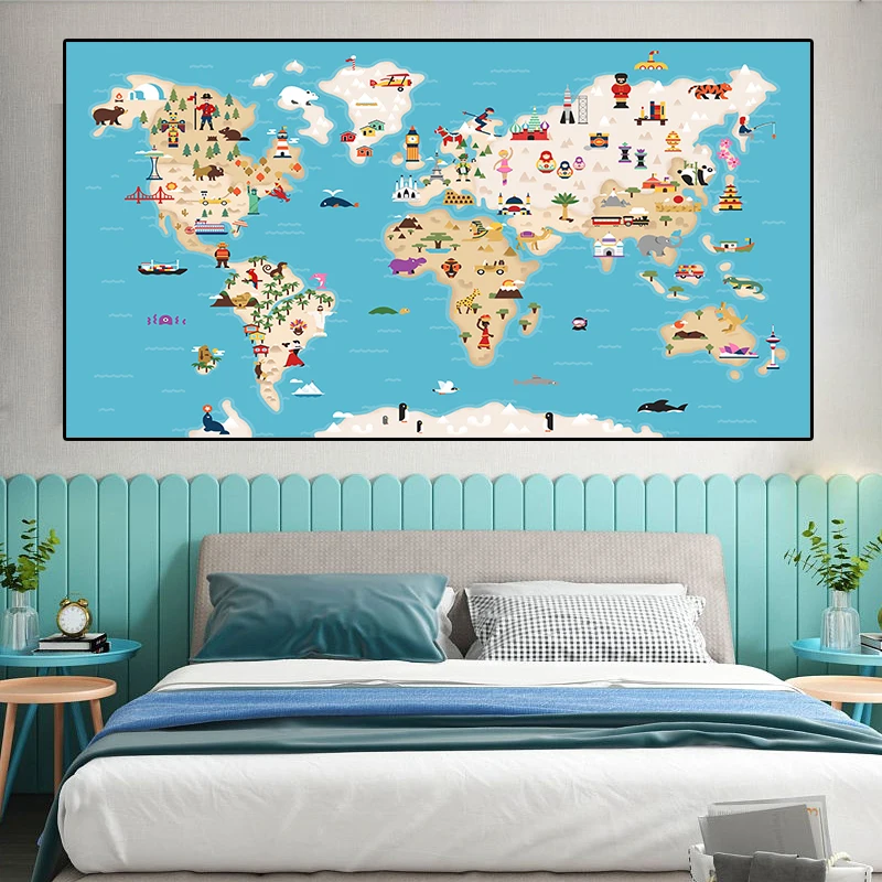 Карта мира с животными экологически чистая Нетканая Картина на холсте настенный