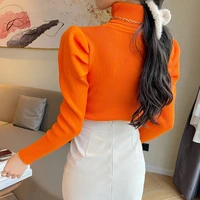 Winter Clothes Women Turtleneck Sweater Fashion Slim Bubble Sleeve Solid Color Knitwear Jumper