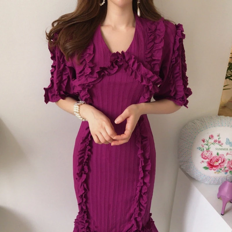 Женское фиолетовое платье с v образным вырезом и коротким рукавом [EWQ] элегантное