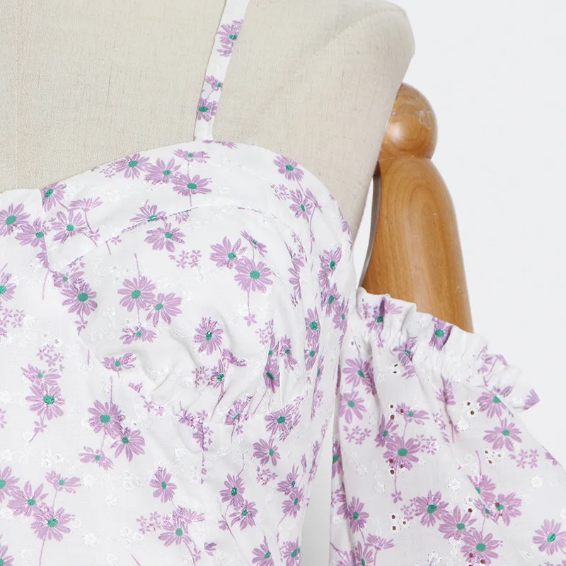 

UKCNSEP Summer Dress 2021 New Print Square Collar Lantern Sleeve Off Shoulder High Waist Floral Mini Dresses for Women Female