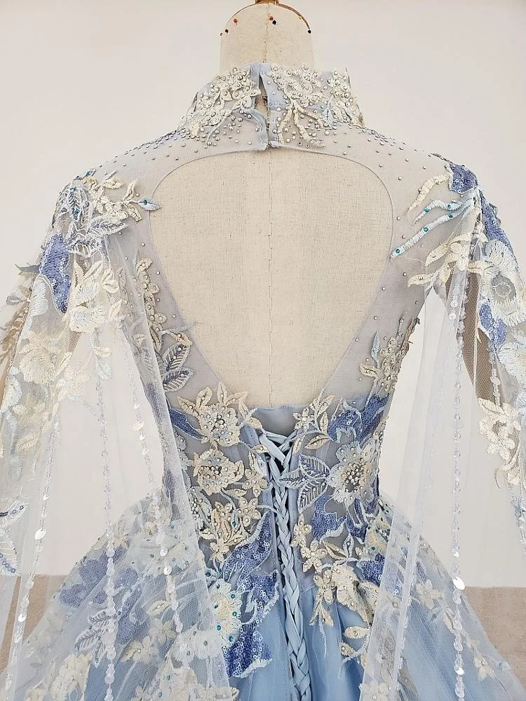 

BGW 20219ht 2020 Formal Dress Women Elegant Pretty Appliqued Ball Gown Light Blue High Neck Crystal Muslim Women Evening Dresses