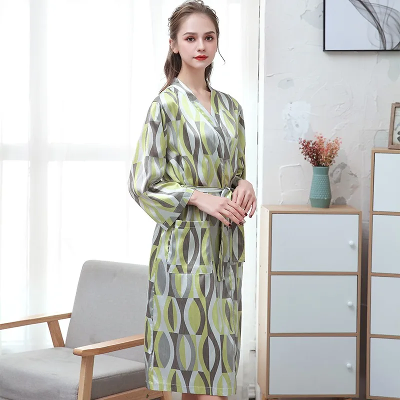 

Nightwear Casual Sleepwear Silky Satin Print Nightgown Women Kimono Bathrobe Gown Intimate Lingerie New Nightdress Homewear
