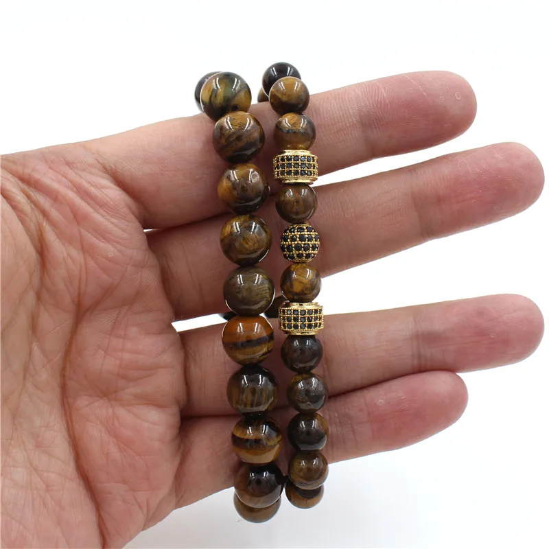

New Classic Couple Bracelets Set Combination Adjustable Stand 8/10mm Tiger Eye Beads Pave CZ Ball Tube Charm Bracelet