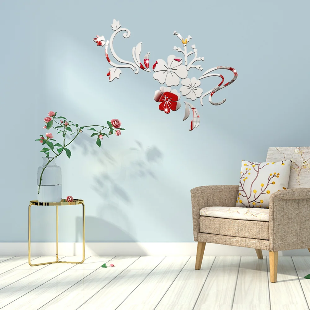 

1pc Flower Mirror Acrylic Wall Sticker Home Decor TV Sofa Background Wall Decals(Silver)