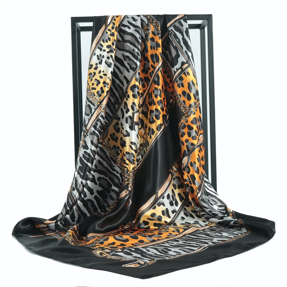 

Silk Scarf Luxury Brand Women Satin Leopard Bandana Cheveux Soft Neckerchief Hijab Headscarf For Ladies Foulard Sac