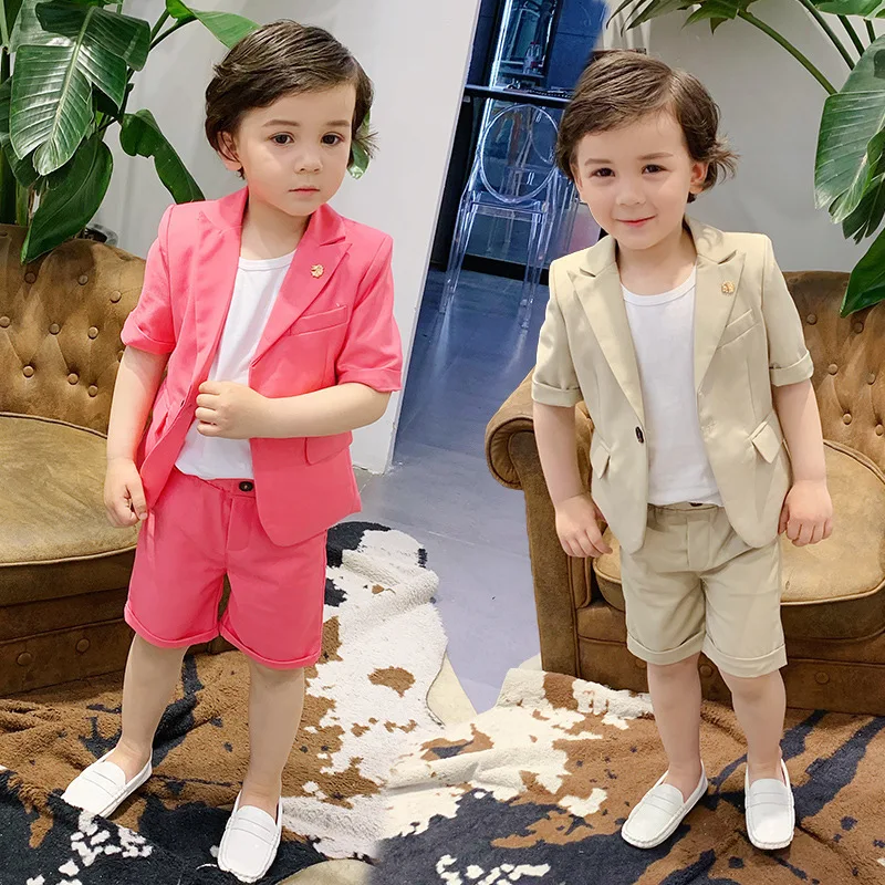 

Summer Baby Boy Short Sleeve Blazer Set Korean Kids Fashion Performance Suit Solid Lapel Blazer Shorts 2pcs For Boy Kids Clothes