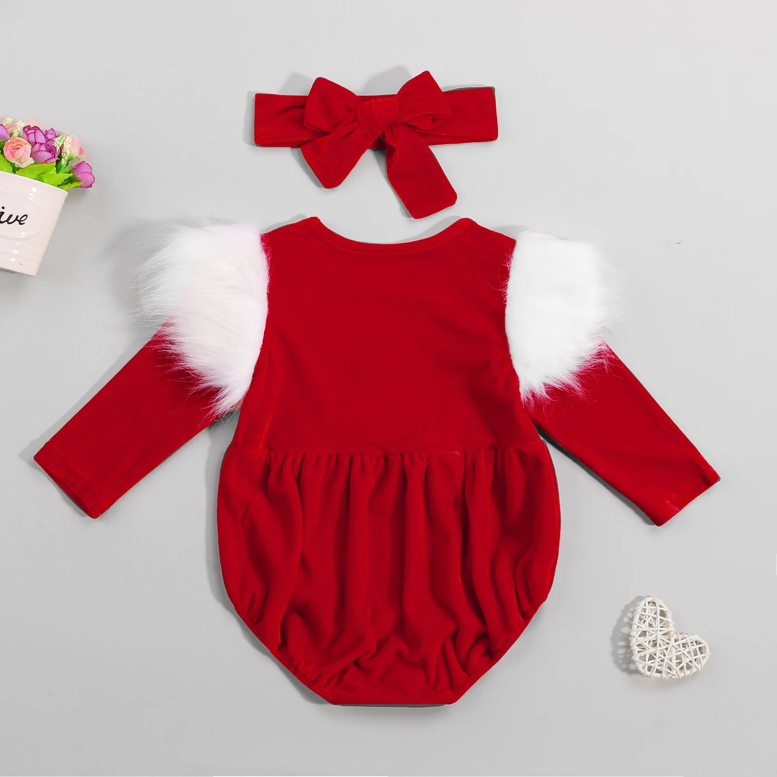 

Christmas Newborn Baby Girl Long Sleeve Fur Pleuche Romper Jumpsuit Headband 2PCS Xmas New Year 2022 Clothes