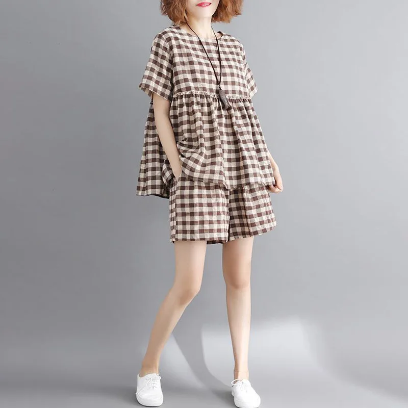 Women's Casual Outfit Ladies Loose Grid 2pcs Set Short Sleeve Round Neck Tops+Wide Leg Shorts Plaid 100% Brand New |