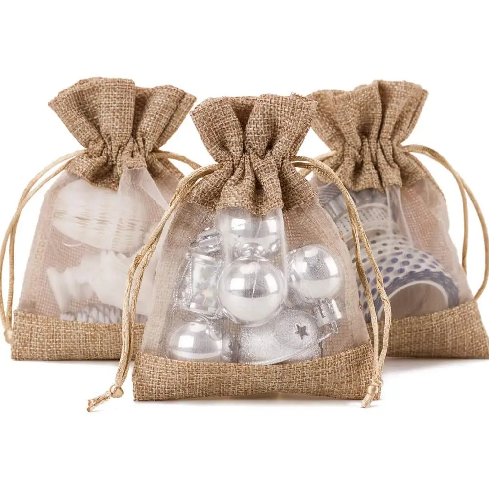 

10pcs/lot burlap drawstring pocket with tulle windowjewelry/candy packaging bulk food storagecustomizable logo