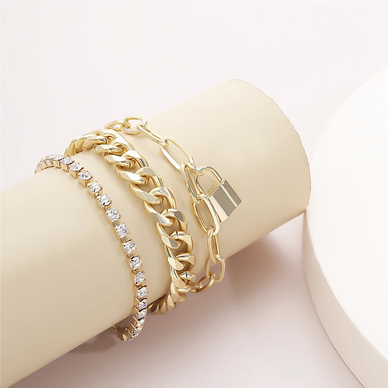 

3Pcs Punk Curb Cuban Crystal Chain Bracelets Set for Women Miami Boho Thick Gold Color Charm Bracelets Bangles Fashion Jewelry