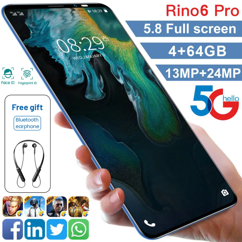 

Rino6 Pro Mobile Phone 5.8 inch 64GB ROM 4GB RAM Smartphone 4800mAh free shipping Mobile Phone Cheap phone Android 10