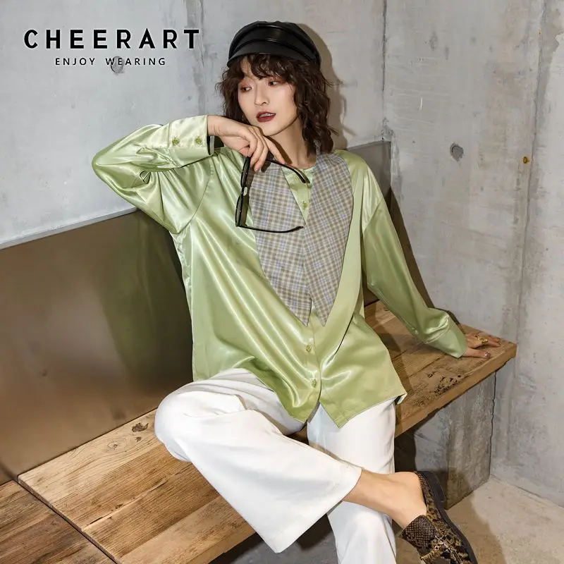 CHEERART Fall Green Satin Blouse Long Sleeve Tie Neck Button Up Shirt Ladies Top Glitter Blouses Shirts 2019 Clothes | Женская одежда