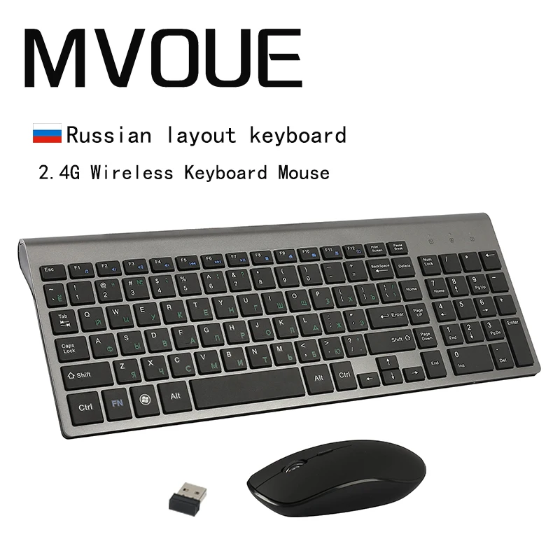 

2.4ghz teclado fino sem fio e mouse, o layout de teclado russo usb magro com teclado numérico compatível com mac windows