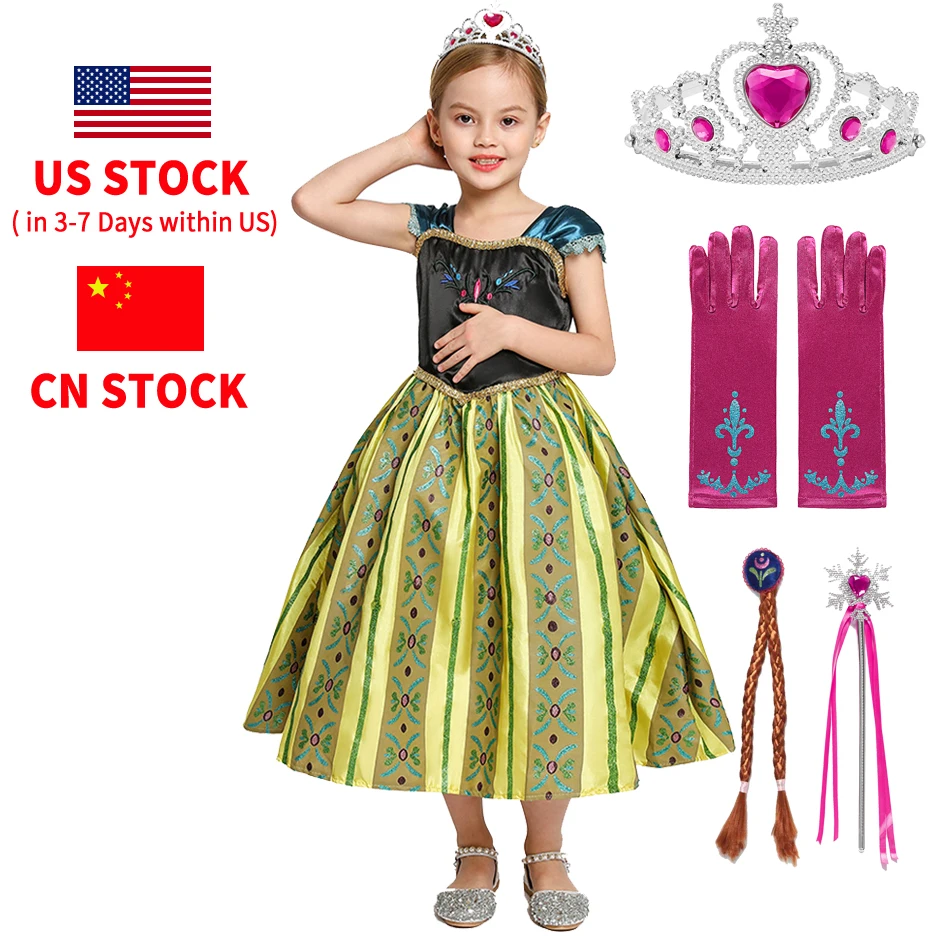 

Kids Girl Dresses Christmas Party Costume Girls Dress up Anna Coronation Dress Lace Patchwork Short Floral Frocks 3-10T
