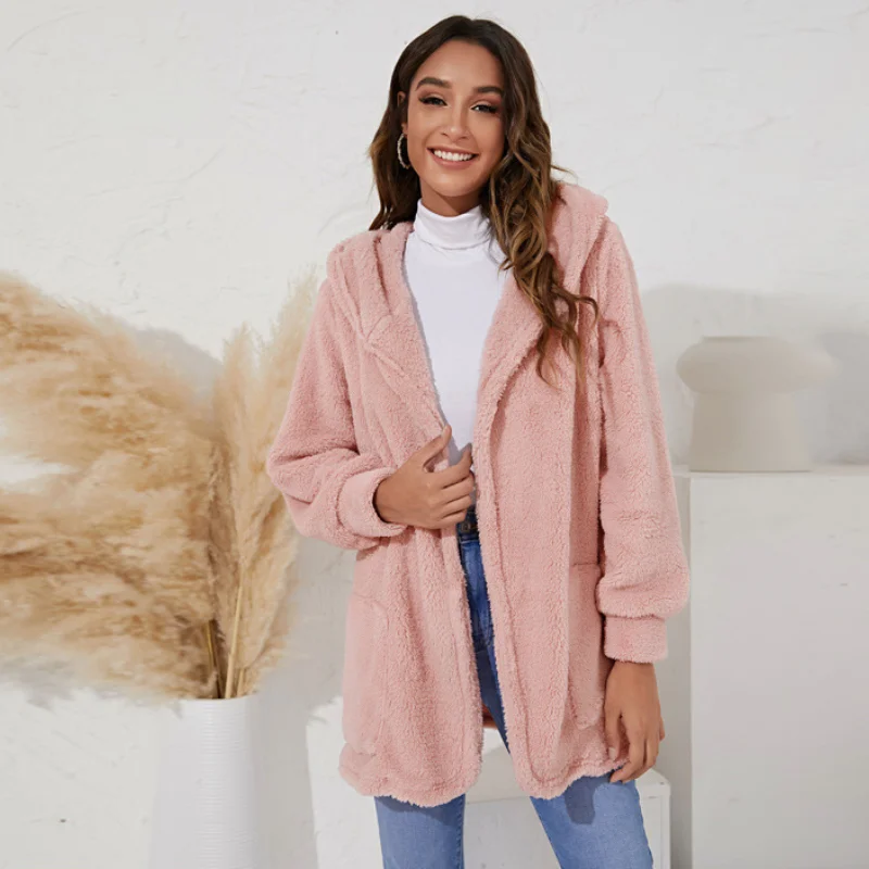 

Spring Fall Women's New Solid Color Plush Coat Female Fashion Casual Cardigan Hooded Jacket Lady Loose Plus Size Thick Long Top