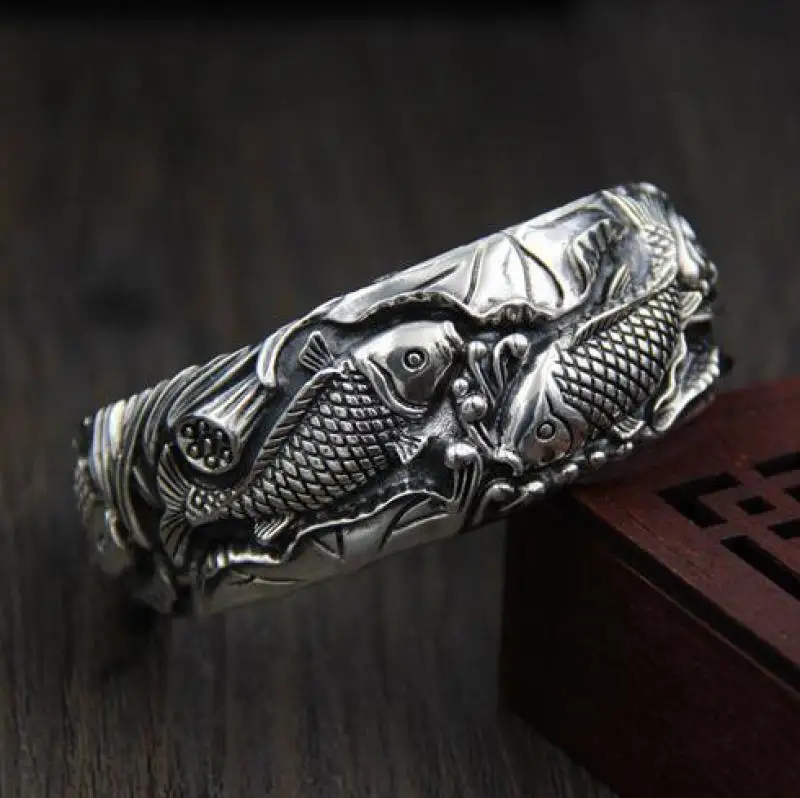 

Ladies Personality Open Cuff Bracelet Silver Color Wide Bracelet Retro Style Jewelry Exquisite Gift Carp Pattern