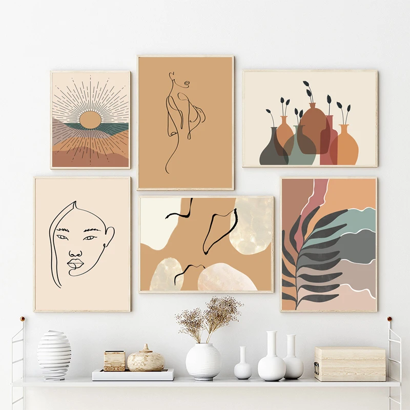 

Abstract Canvas Painting Geometry Landscape Leaf Line Girl Nordic Posters and Prints Wall Art Pictures for Living Room Decoraton