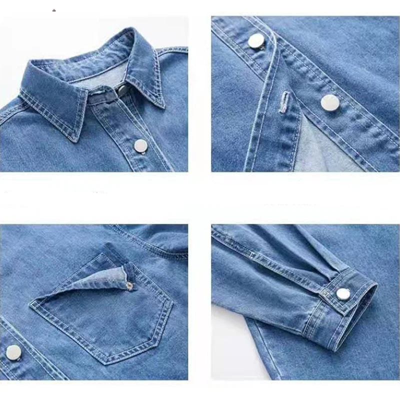

Vintage Denim Women Shirts 2021 New Spring Autumn Ladies Blue Blouse Oxford Cotton Female Tops Long Sleeve Button Blause KN130