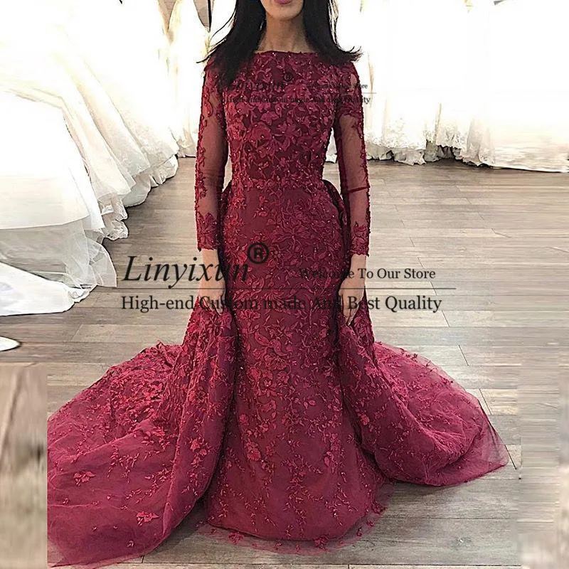 

Luxury Arabic Long Sleeve Evening Dress Mermaid Sweep Train Lace Party Gowns Beaute Neck Long Prom Dresses Custom Made