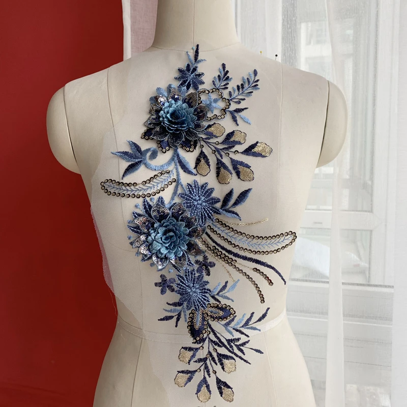 2019 синий и золотой трехмерный цветок кружевная отделка Аксессуары для платья