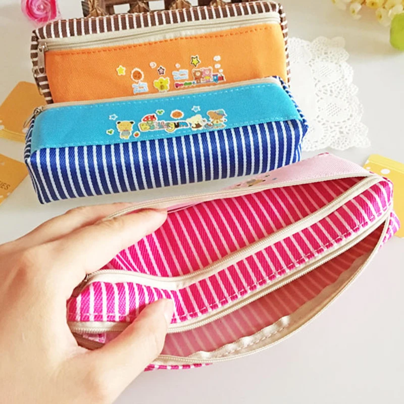 

24 Pcs Canvas Pencil Bags Korea Cute Cartoon Pattern Double Zipper Pencil Pouch Student Stationery Gift School Office Supplies