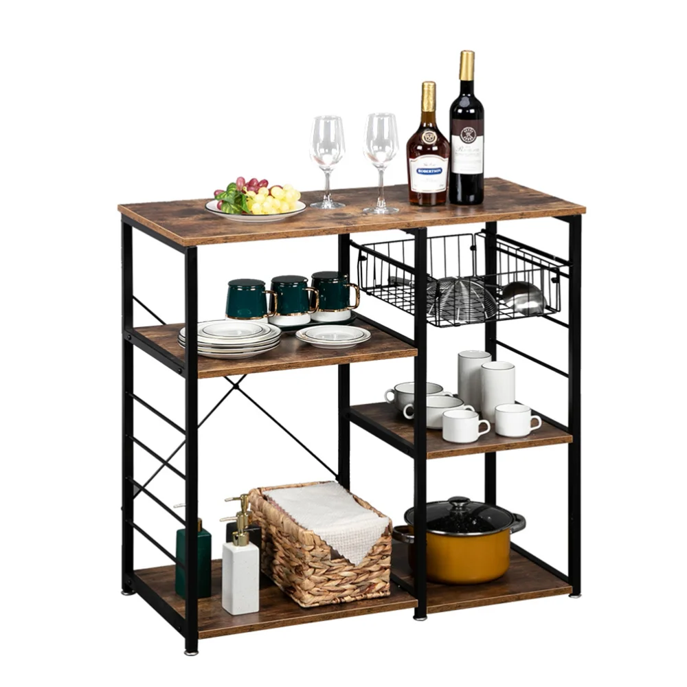 

5-Layer MDF Industrial Wrought Iron Kitchen Shelf with Drain Basket Hook