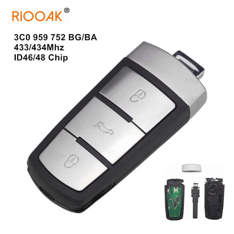

433MHz 3 Button Keyless Uncut Flip Smart Car Remote Key Fob with ID48/46 Chip 3C0959752BA/BG for VW Passat CC Passat Magotan