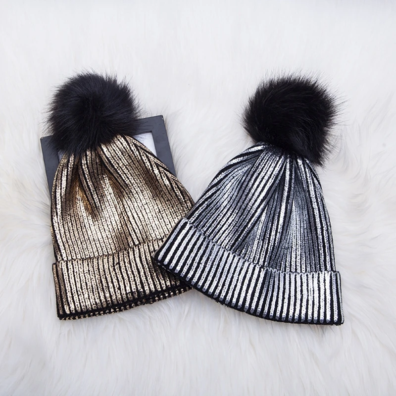 

Women Girls Winter Warm Metallic Shiny Knitted Crochet Beanie Hat With Pom Pom