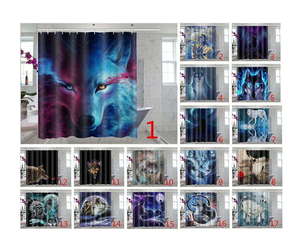 

Занавеска для душа из полиэстера с принтом волка и крючками