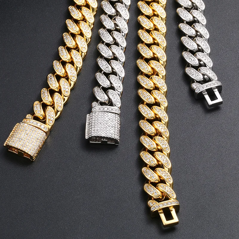 

12mm gold two tone color miami cuban chain hiphop iced out bling cz cubic zirconia paved women men cuban necklace jewelry