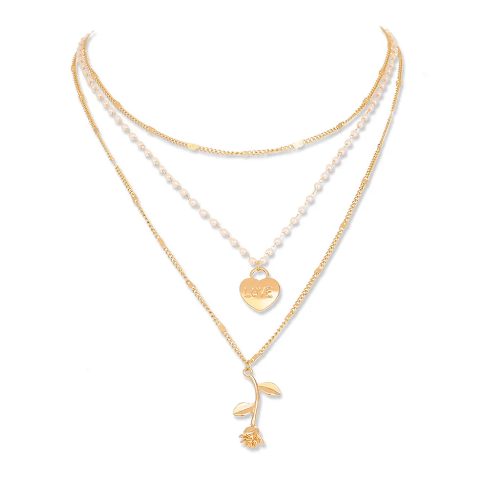 

ZWPON Gold Tone Pearls Beaded Chains Love Heart Charms Rose Pendant Link Chain Choker Necklaces for Women Girl Gift