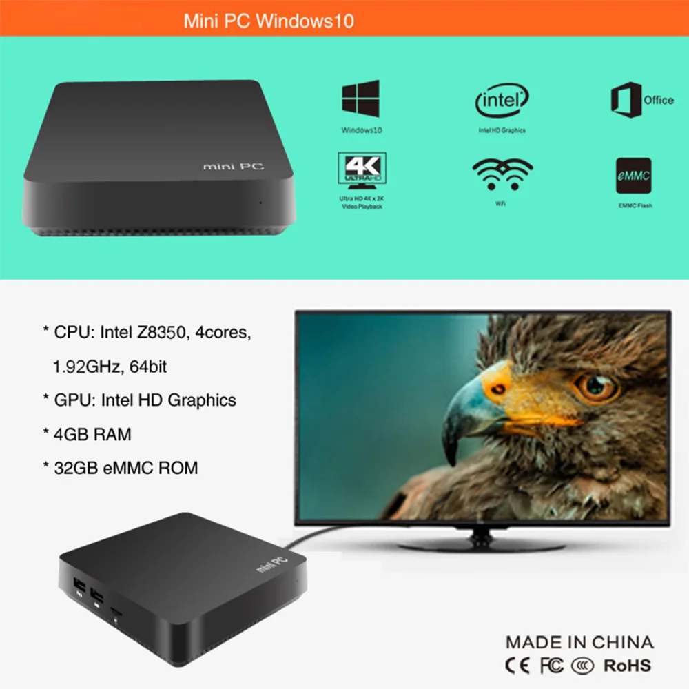 T11 Plus Intel ATOM Z8350 Mini Pc Windows 10 Gaming PC 4GB RAM 64GB ROM VGA WiFi 1000M Computador VS Beelink T4 | Компьютеры и офис