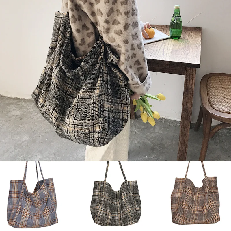 

Women Woolen Canvas Bags Scottish Pattern Vintage Plaid Female Large Capacity Big Tote Handbag Ladies Casual Shoulder Bag