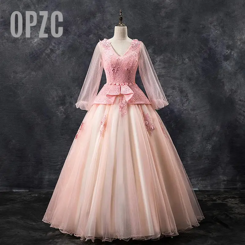 

OPZC Pink Quinceanera Dresses Lace V-Neck Long Sleeve Appliques Beading Vestidos De Gala Largos Prom Dress Masquerade Ball Gowns