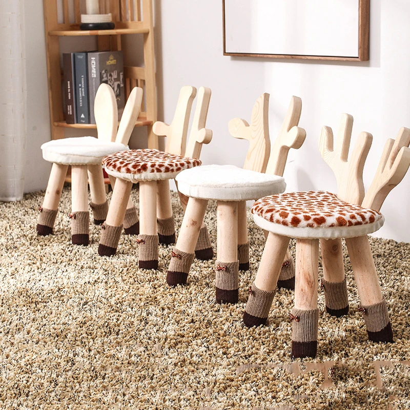 

Taburete de madera maciza para ninos, silla antideslizante con dibujos de ciervos y conejos, muebles para el hogar y la escuela