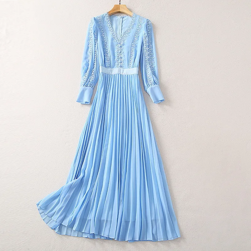 

European and American women's wear for summer 2021 V-neck with nine-quarter sleeves Fashion lace splicing blue pleated dress