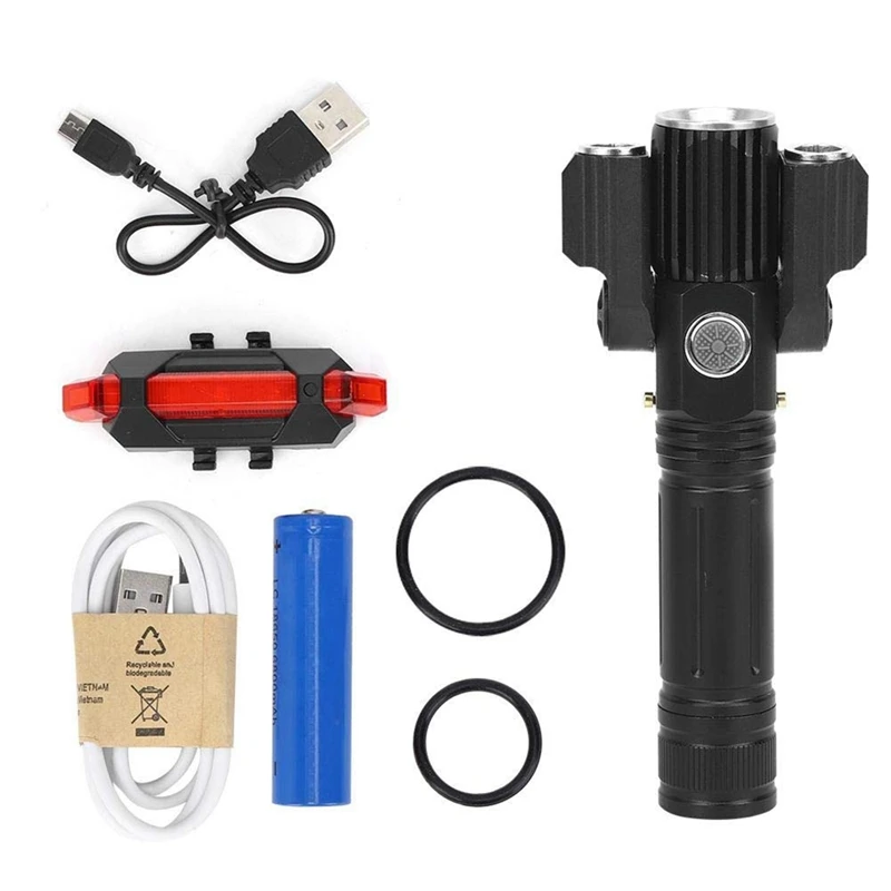 Lighting Flashlight Three-Head T6 Rotating Multi-Function LED Rechargeable Night Riding Flashlight for Fishing Cycling