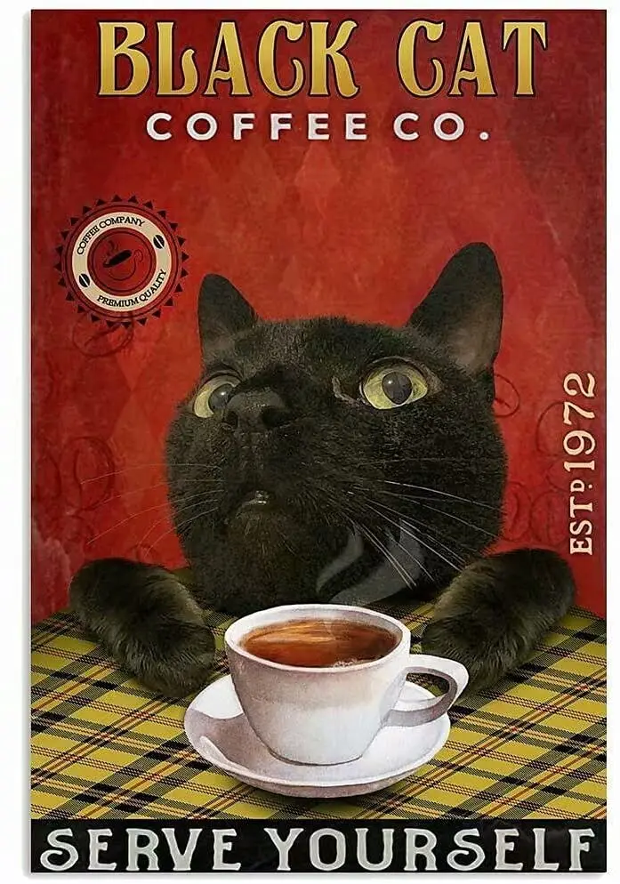 

Cat Coffee Retro Metal Tin Sign, Black Cat Coffee for You Interesting Bathroom Quotes Vintage Office Bar Cafe Farmhouse Wall