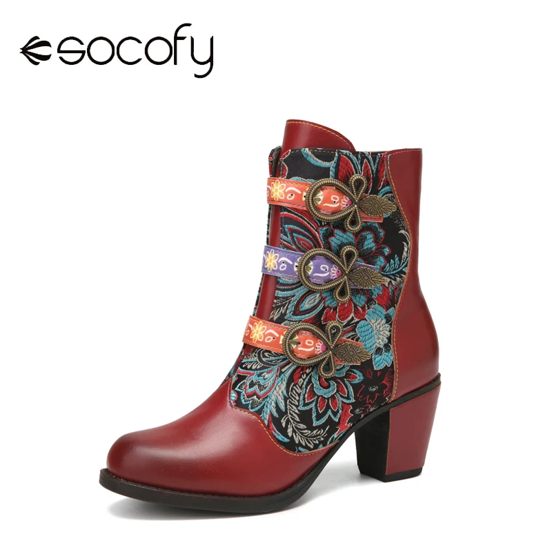 

SOCOFY Women Retro Style Flowers Ankle Boots Cloth Stitching Metal Buckle Decor Warm Lined Wearable Chunky Heel Short Boots