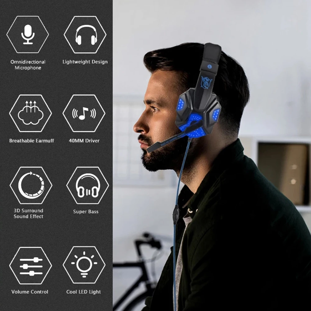 

Gaming Headphones Bass Stereo PC Wired Headset PS4 Wired Head-mounted Earphones with Microphone LED Light for Computer PC Phone