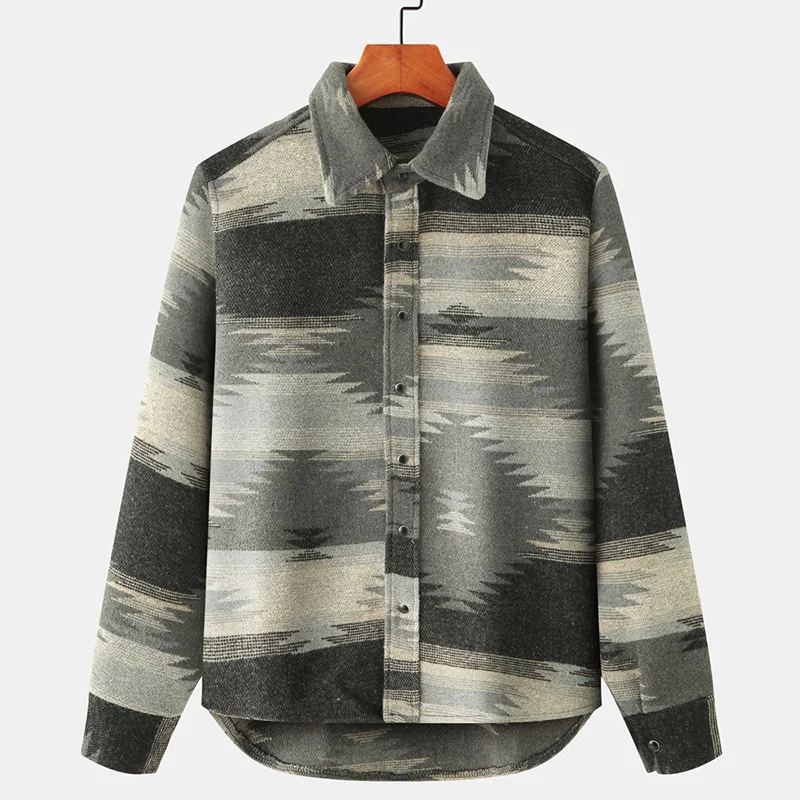 

National Style Tie Dye Snap Button Shirts Men Casual Long Sleeve Flannel Geometric Patterns Shirts Harajuku Fashion Shirt Tops