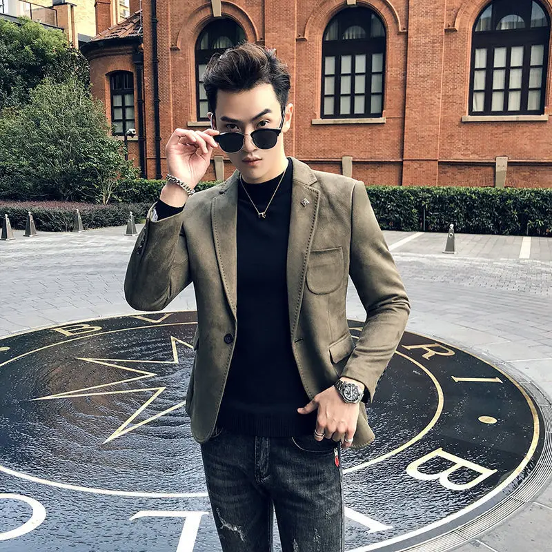 

2021 Autumn New Men's Suede Blazer Single Button Jackets Male Solid Slim Fit Coats Men Long Sleeve Business Casual Outwear O547