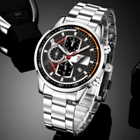 silver luxury fashion watches for men business stainless steel quartz wrist watch mens calendar luminous casual leather clock