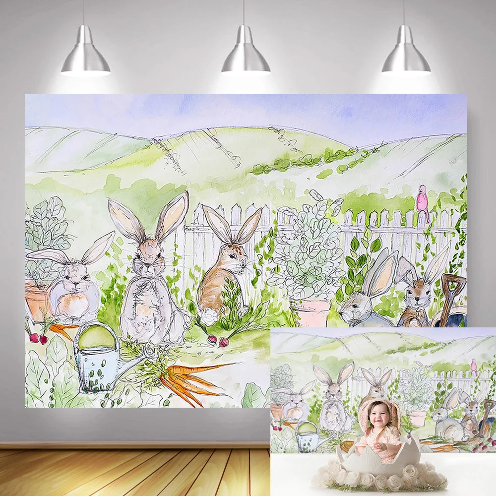 

Rabbit Themed Newborn Baby Birthday Backdrop Photography Bunny Children Portrait Background Green Grass Oil Painting Photo Shoot