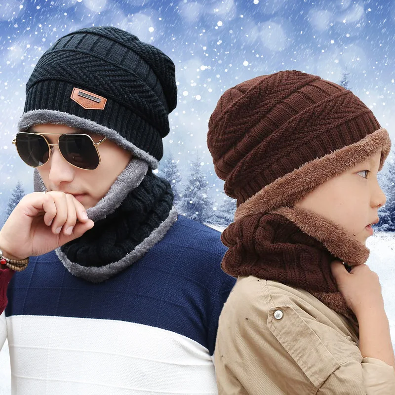 

Men Women Autumn Winter Plus Cashmere Knit Hat Windproof Cold-Resistant Warmth Thick Earmuffs Cap Bib Two-Piece Parent-Child A84